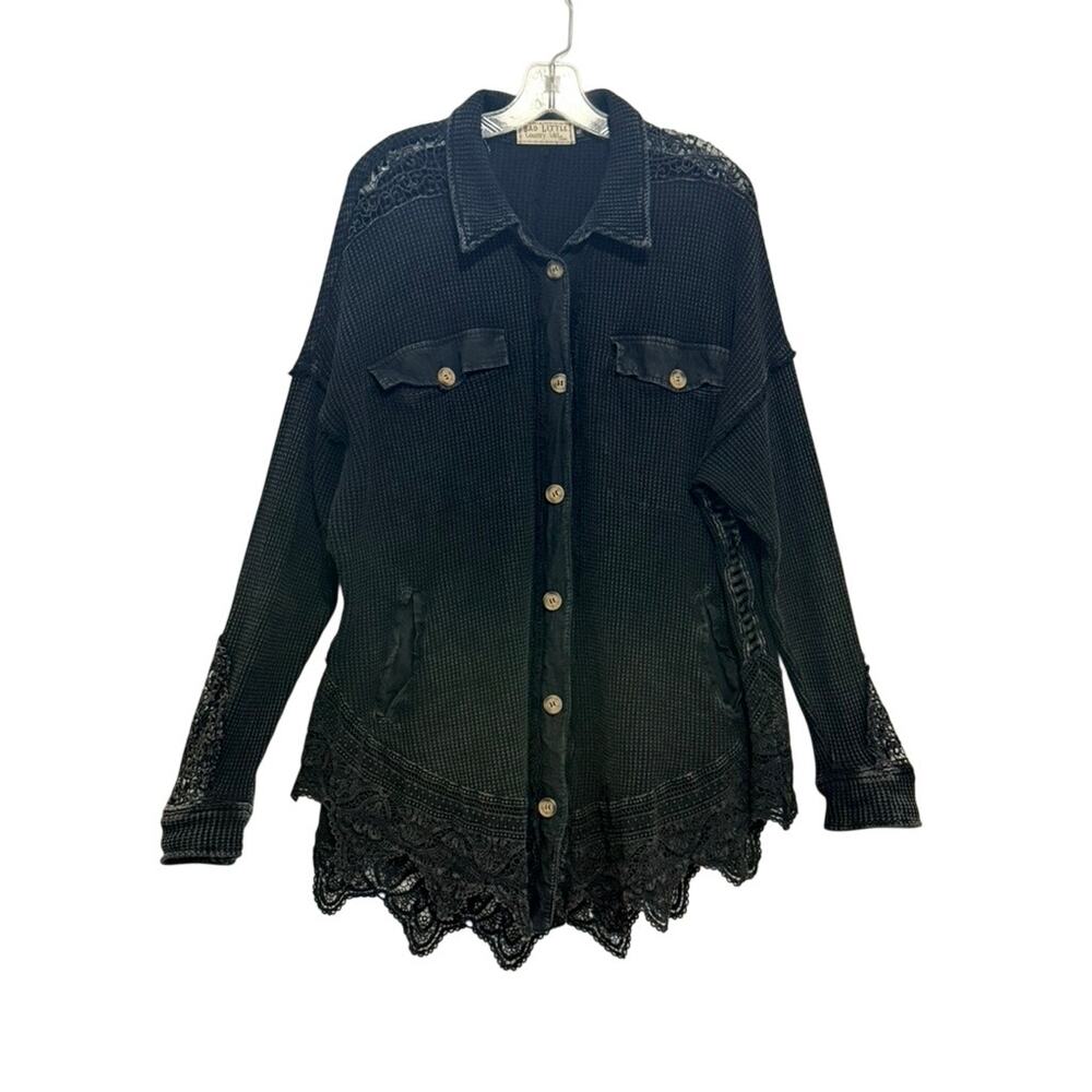 Bad Little Country Girl Long Sleeve Waffle Knit Lace Button Up Tunic Top Black S
